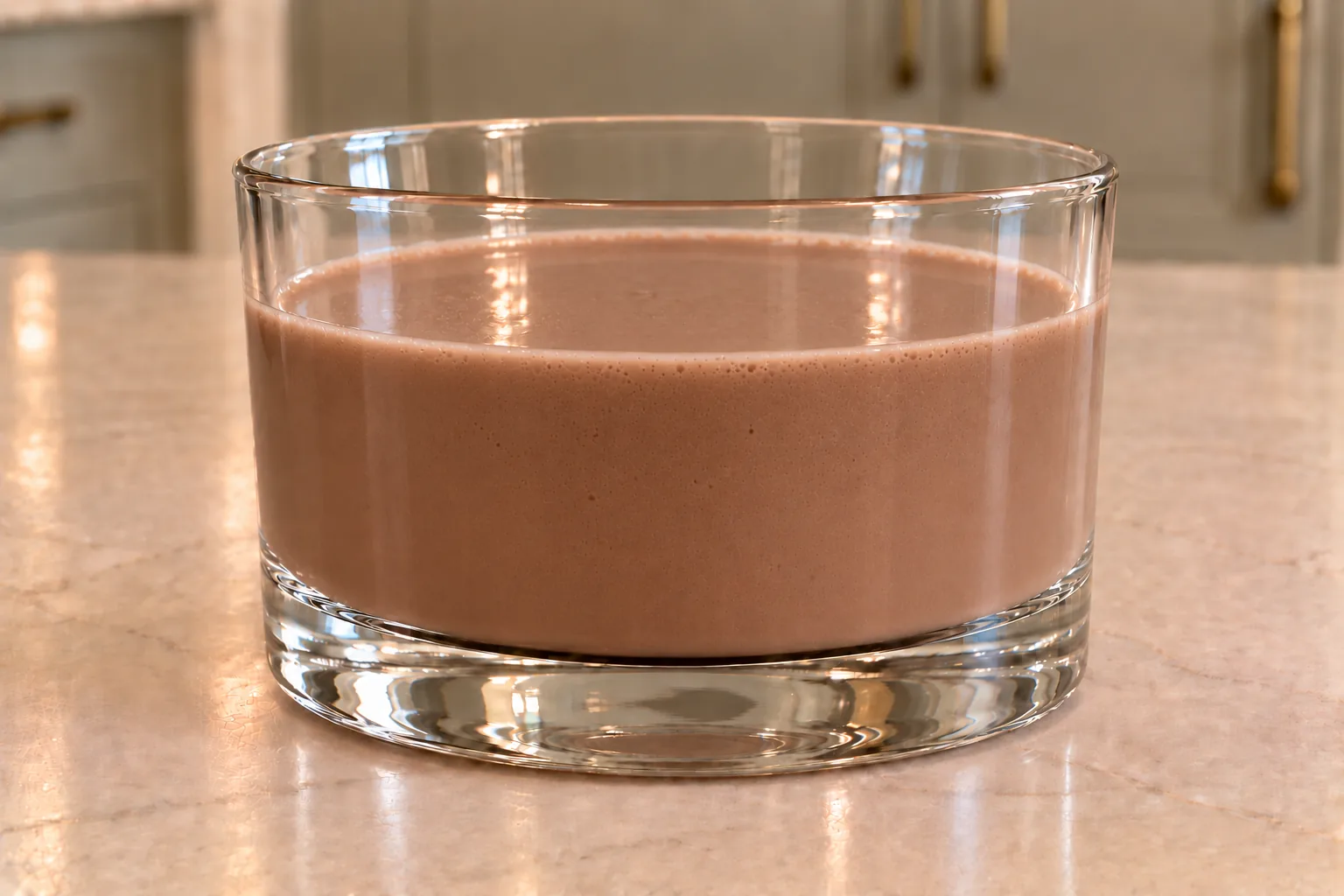 Raw milk chocolate milk with honey for Later Full GAPS in a clear glass on the warm WFLI kitchen island