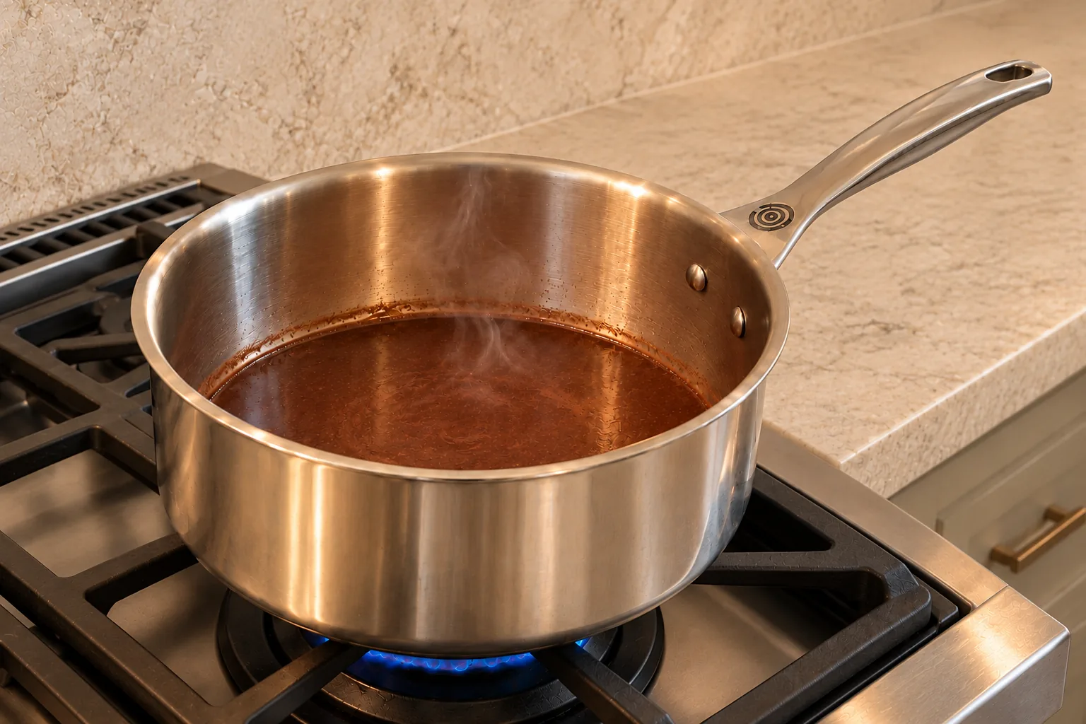 A shallow cocoa and gelatin base steaming without simmering in a supported Le Creuset stainless saucepan