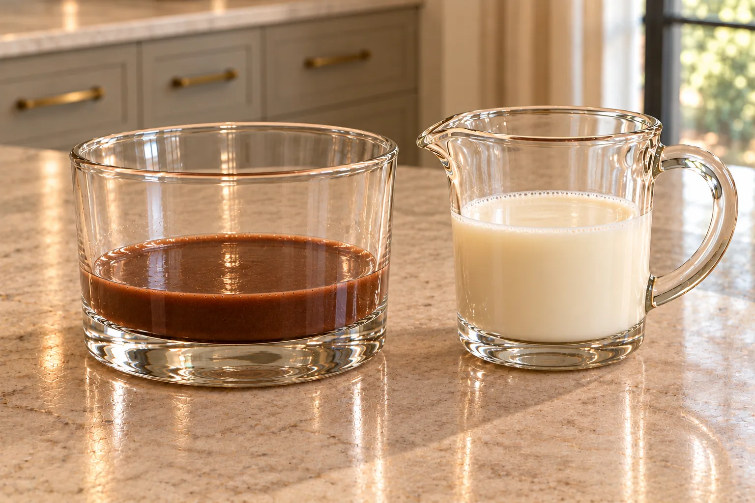 Cold raw organic milk beside cooled cocoa and honey concentrate before mixing the Later Full GAPS chocolate milk