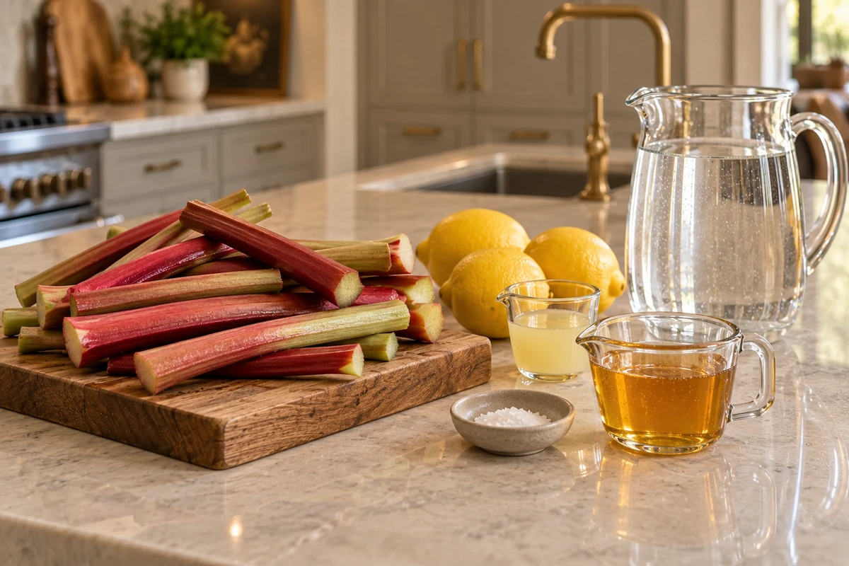 Measured fresh rhubarb, lemons, raw honey, sea salt, and filtered water