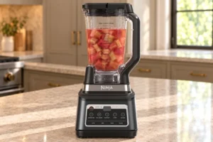 Cooled simmered rhubarb mixture in the exact Ninja BN801 before blending