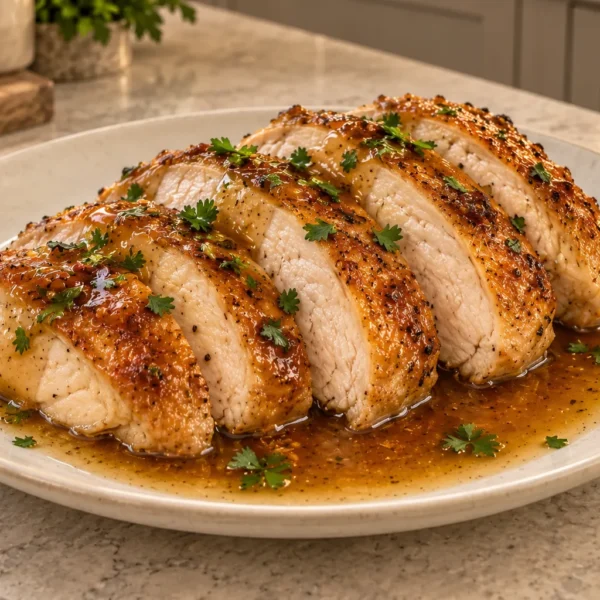 Roast chicken slices served with glossy homemade chicken jus for Full GAPS