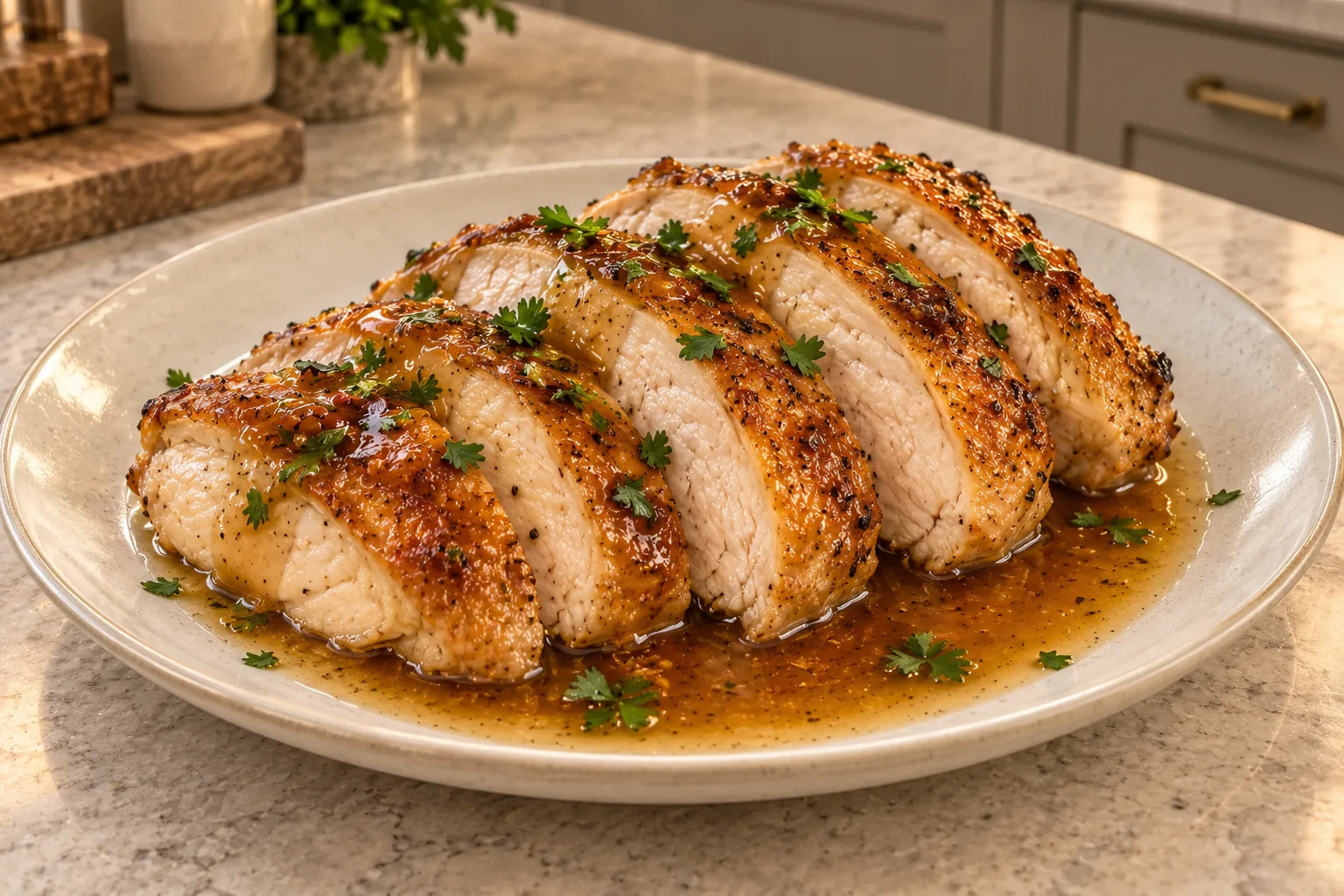 Roast chicken slices served with glossy homemade chicken jus for Full GAPS