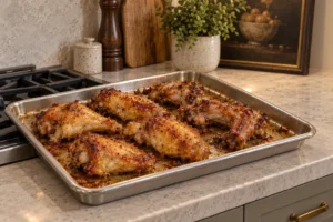 Fresh meaty chicken wings and neck pieces roasted deep golden brown on a stainless steel sheet pan
