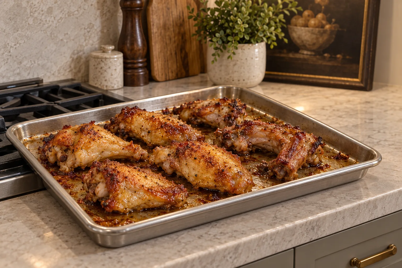 Fresh meaty chicken wings and neck pieces roasted deep golden brown on a stainless steel sheet pan