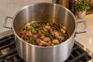 Chicken jus reduced to a shallow one-cup layer with meaty wings vegetables and herbs in a Le Creuset stainless stockpot