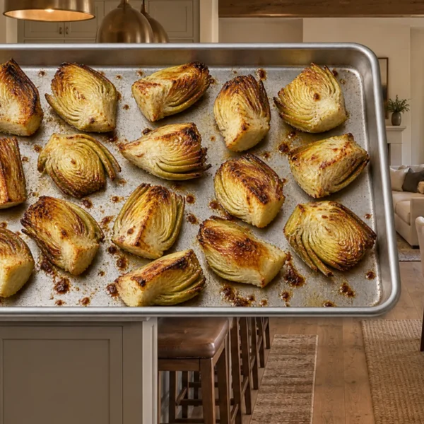 Roasted artichoke hearts on a stainless steel sheet pan in the WFLI Photo House