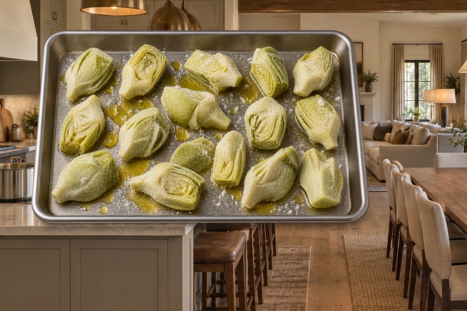 Frozen artichoke hearts with measured cooking fat and sea salt on a stainless steel sheet pan