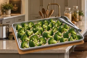 Raw broccoli, prepared pine nuts, minced garlic, ghee, and salt on a stainless sheet pan before roasting