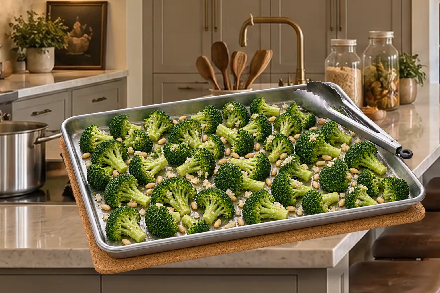 Raw broccoli, prepared pine nuts, minced garlic, ghee, and salt on a stainless sheet pan before roasting