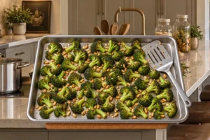 Roasted broccoli and pine nuts cooling on a stainless sheet pan before the raw vinaigrette is added