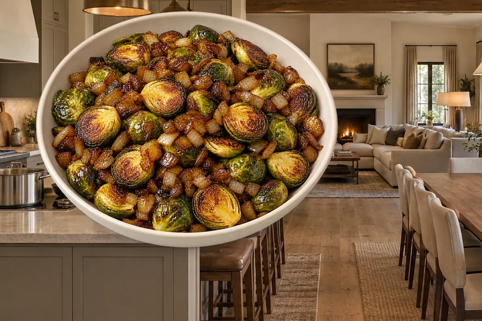 Roasted Brussels sprouts topped with deeply browned onions for Full GAPS in the WFLI Photo House