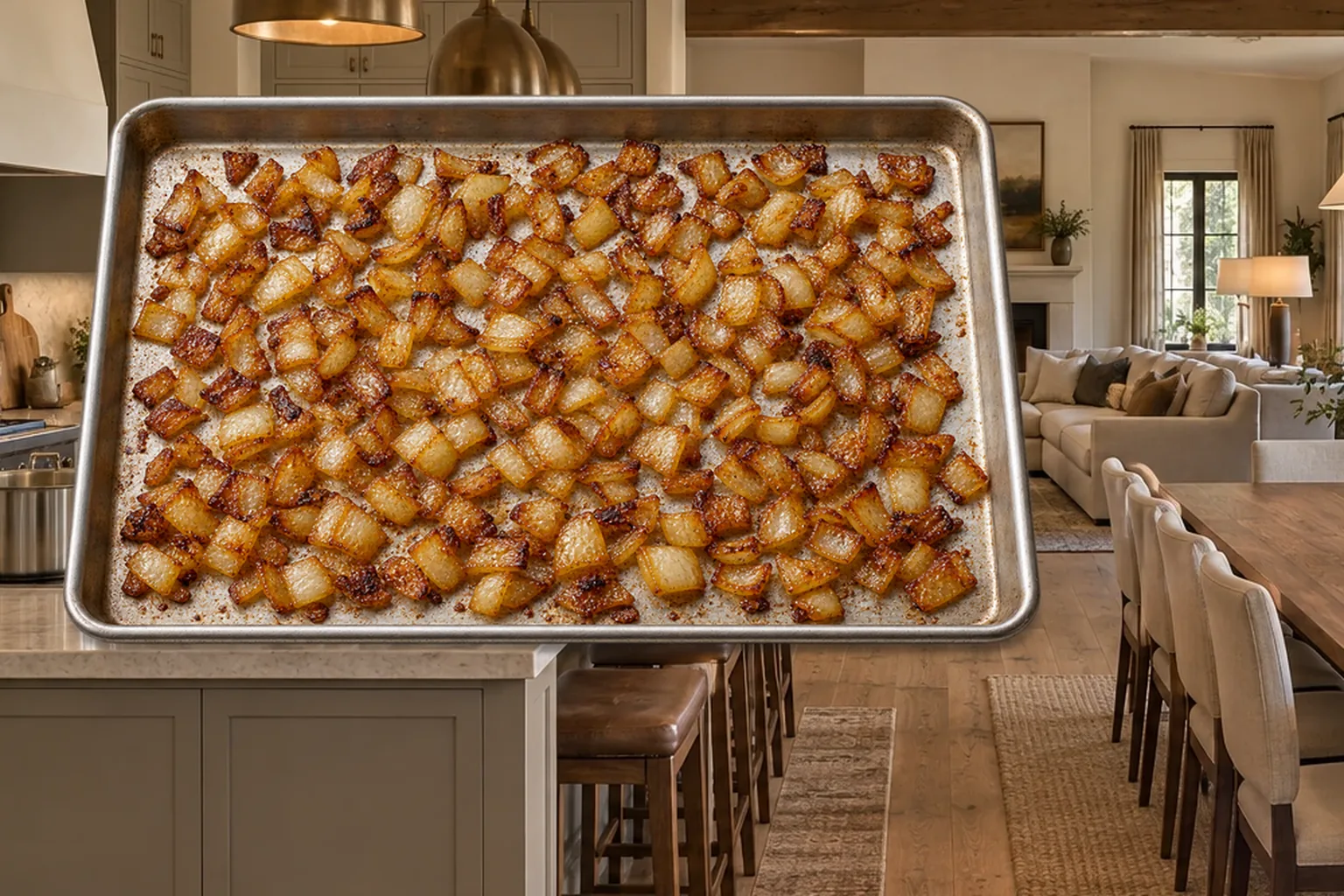 Deeply browned diced yellow onions for Full GAPS on a stainless steel sheet pan