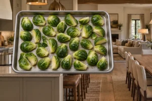 Halved and quartered Brussels sprouts for Full GAPS arranged cut-side down on a stainless steel sheet pan