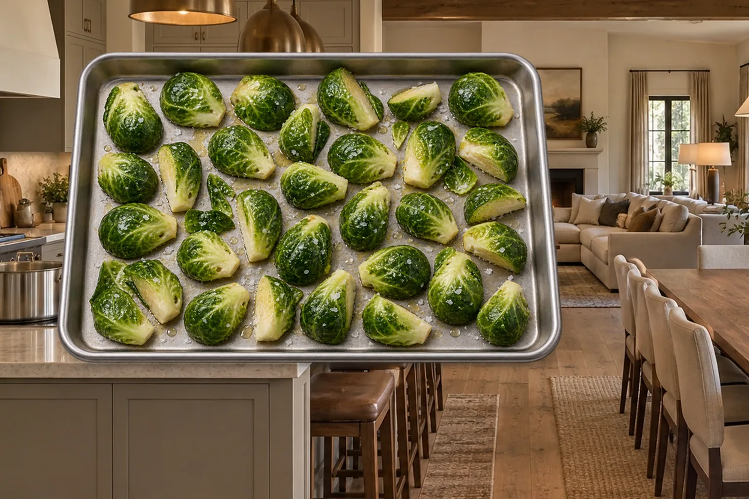 Halved and quartered Brussels sprouts for Full GAPS arranged cut-side down on a stainless steel sheet pan