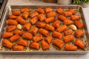 One-inch carrot pieces roasted deep golden brown on an uncoated stainless steel sheet pan