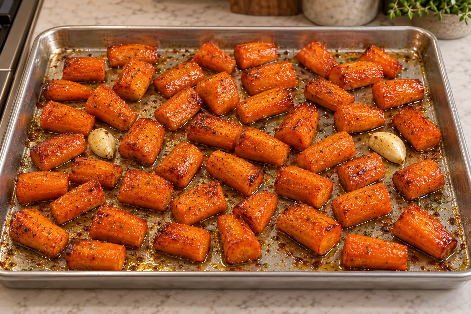 One-inch carrot pieces roasted deep golden brown on an uncoated stainless steel sheet pan