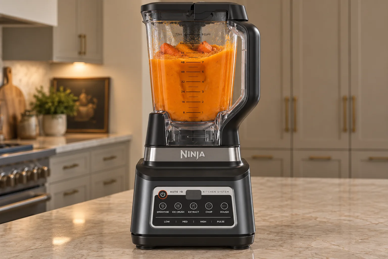 Roasted carrots blending into thick smooth purée in the exact Ninja BN801 pitcher