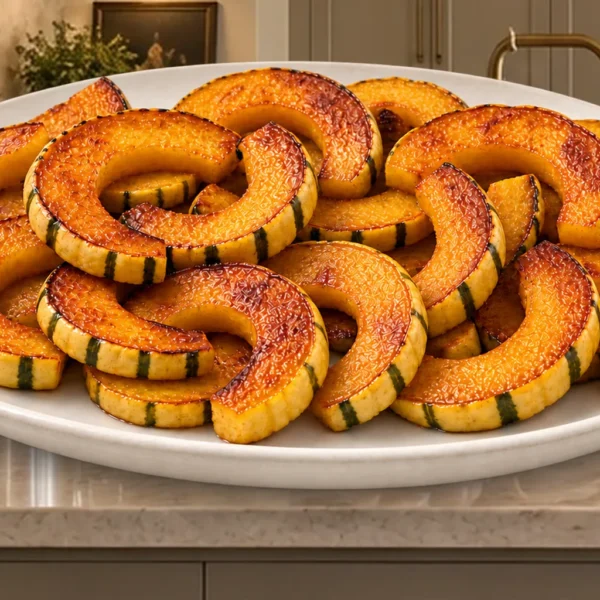 Close caramelized roasted delicata squash slices for Full GAPS filling a white platter on the canonical WFLI counter