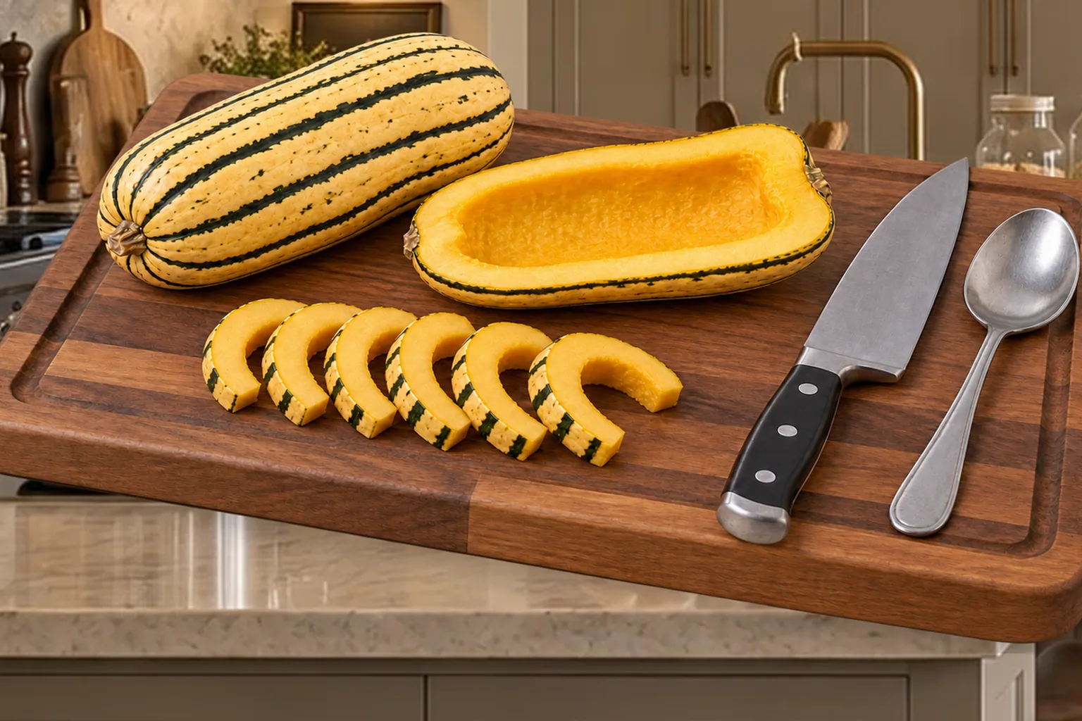 Whole pre-baked delicata squash, seeded half, and one-third-inch half-rings on a cutting board