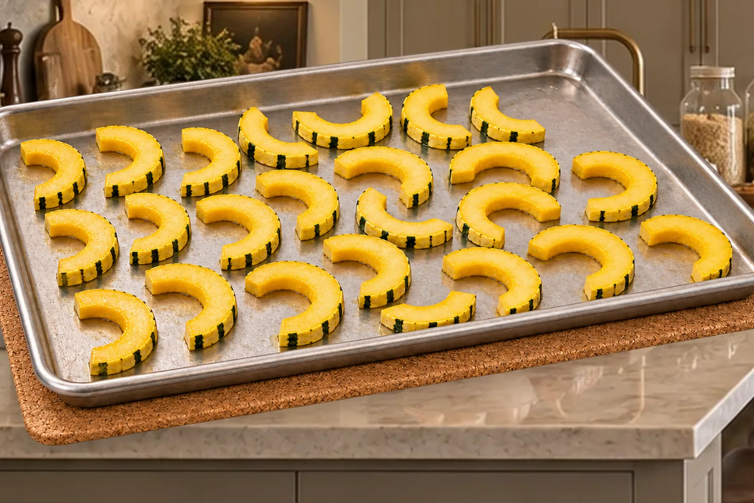 Fat-coated delicata squash half-rings in a single layer on a stainless sheet pan before browning