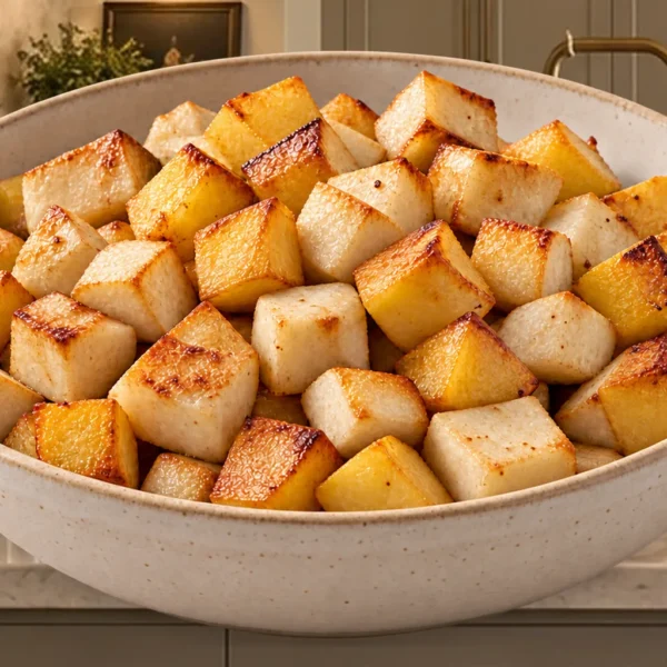 Roasted root vegetable salad for Full GAPS with browned rutabaga, celery root, and black radish in a cream bowl