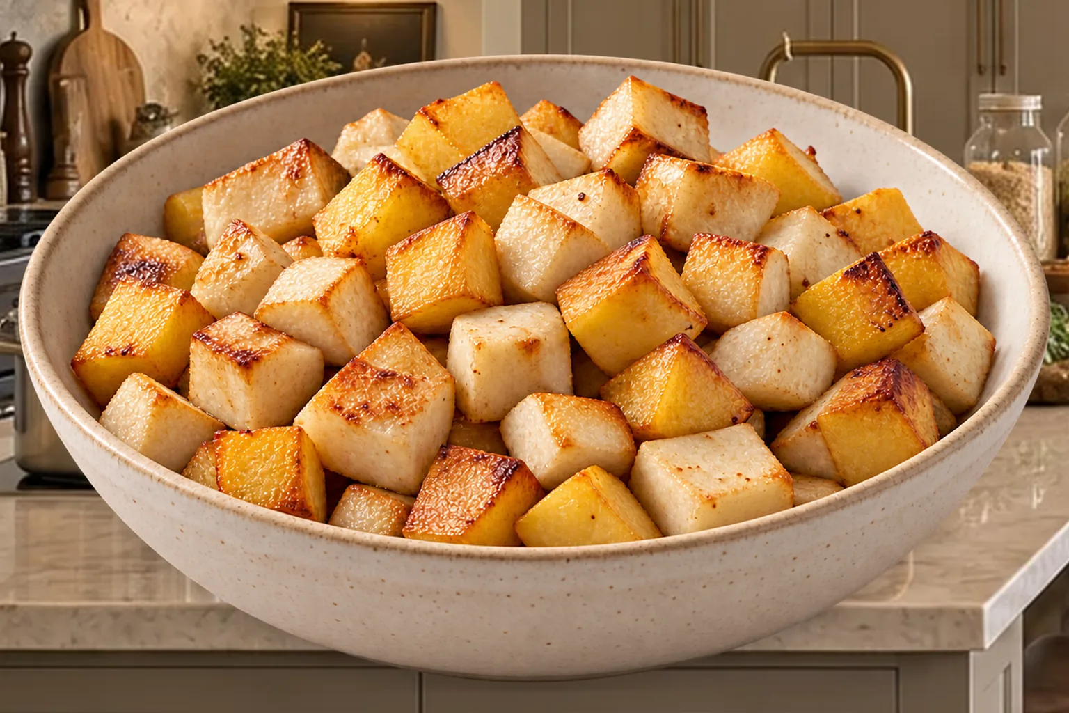Roasted root vegetable salad for Full GAPS with browned rutabaga, celery root, and black radish in a cream bowl