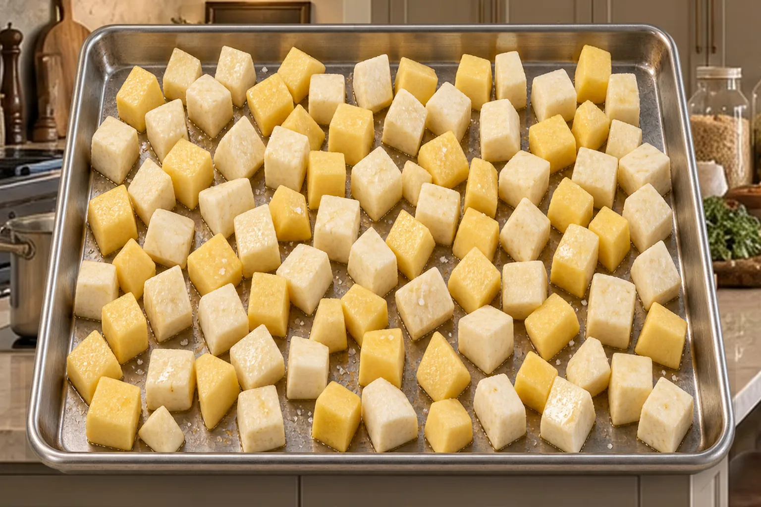 Peeled one-inch root vegetable cubes coated in ghee and sea salt on a stainless sheet pan before roasting for Full GAPS