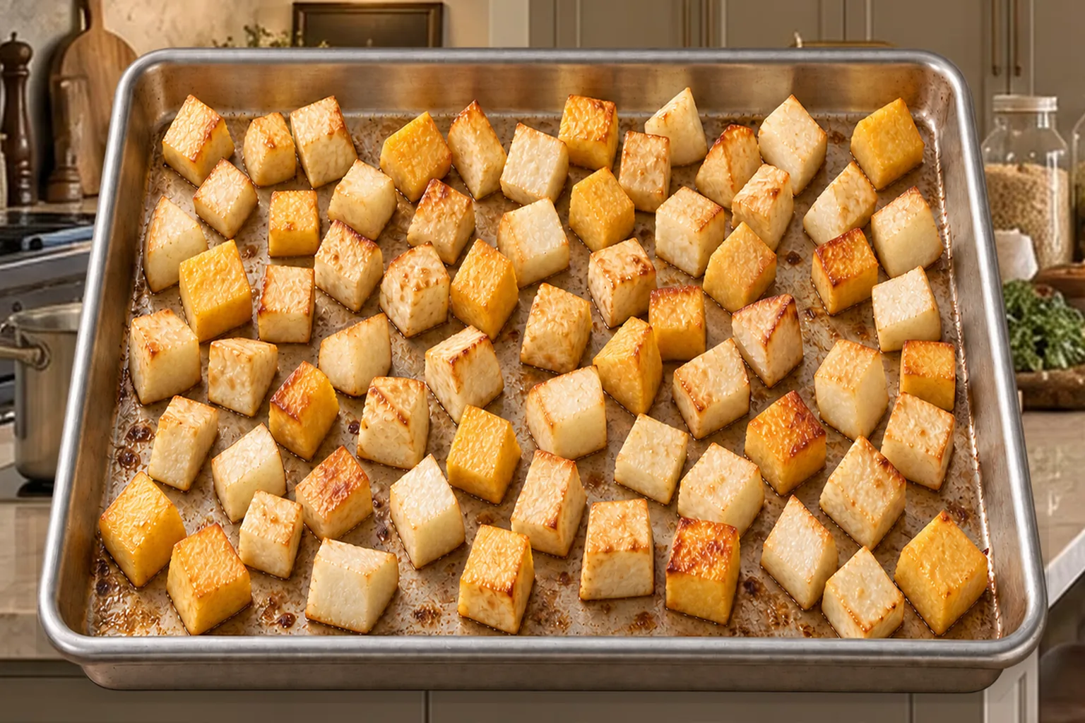 Partially browned roasted root vegetable cubes after the first 25 minutes on a stainless sheet pan for Full GAPS