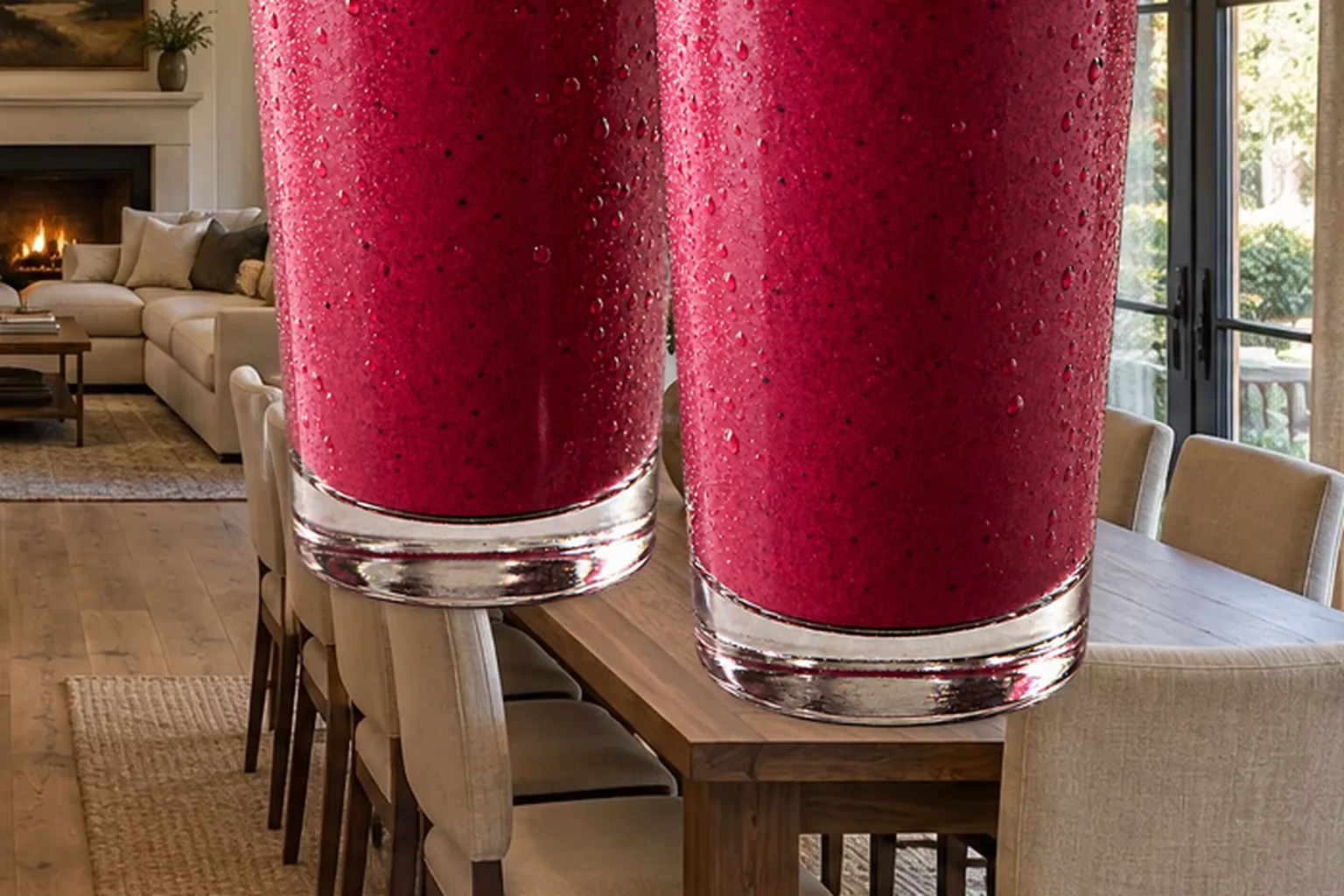 Two deep-pink rose petal beet smoothies for Full GAPS in clear glasses in the WFLI Photo House