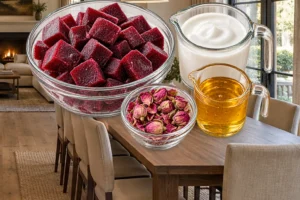 Frozen cooked beet cubes, dried rose buds, raw honey, and homemade coconut milk measured for a Full GAPS smoothie