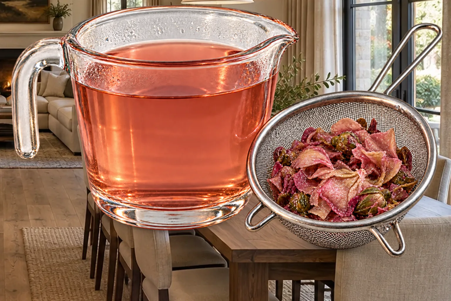 One cup strained rose tea beside pressed rose buds for a Full GAPS rose petal beet smoothie
