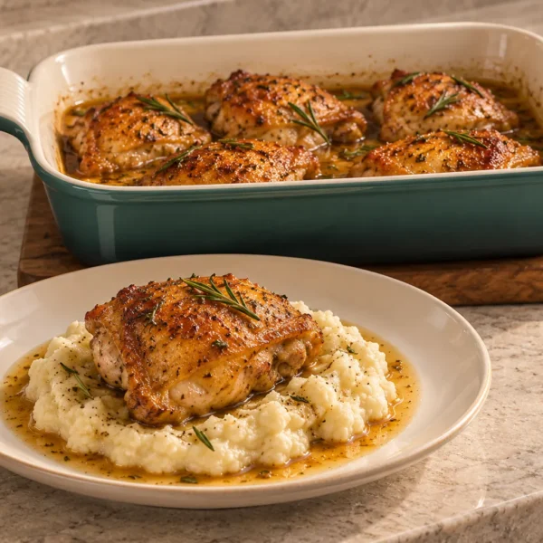 Rosemary honey chicken served over smashed cauliflower with pan juices