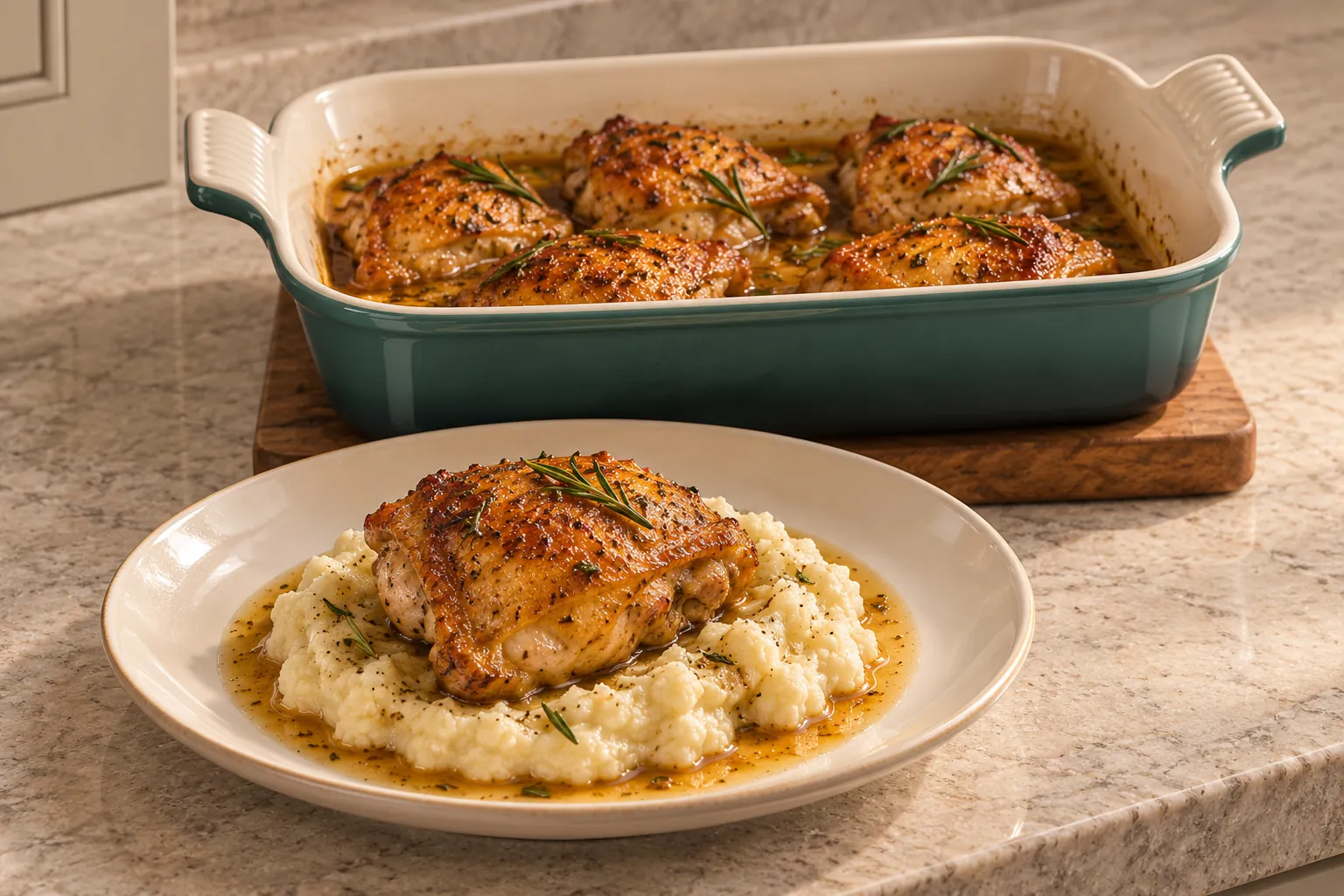 Rosemary honey chicken served over smashed cauliflower with pan juices