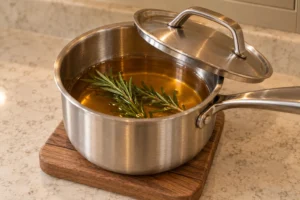 Rosemary sprigs steeping in honey water syrup in a stainless saucepan