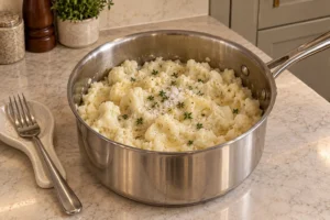 Creamy and chunky smashed cauliflower finished with chicken pan drippings