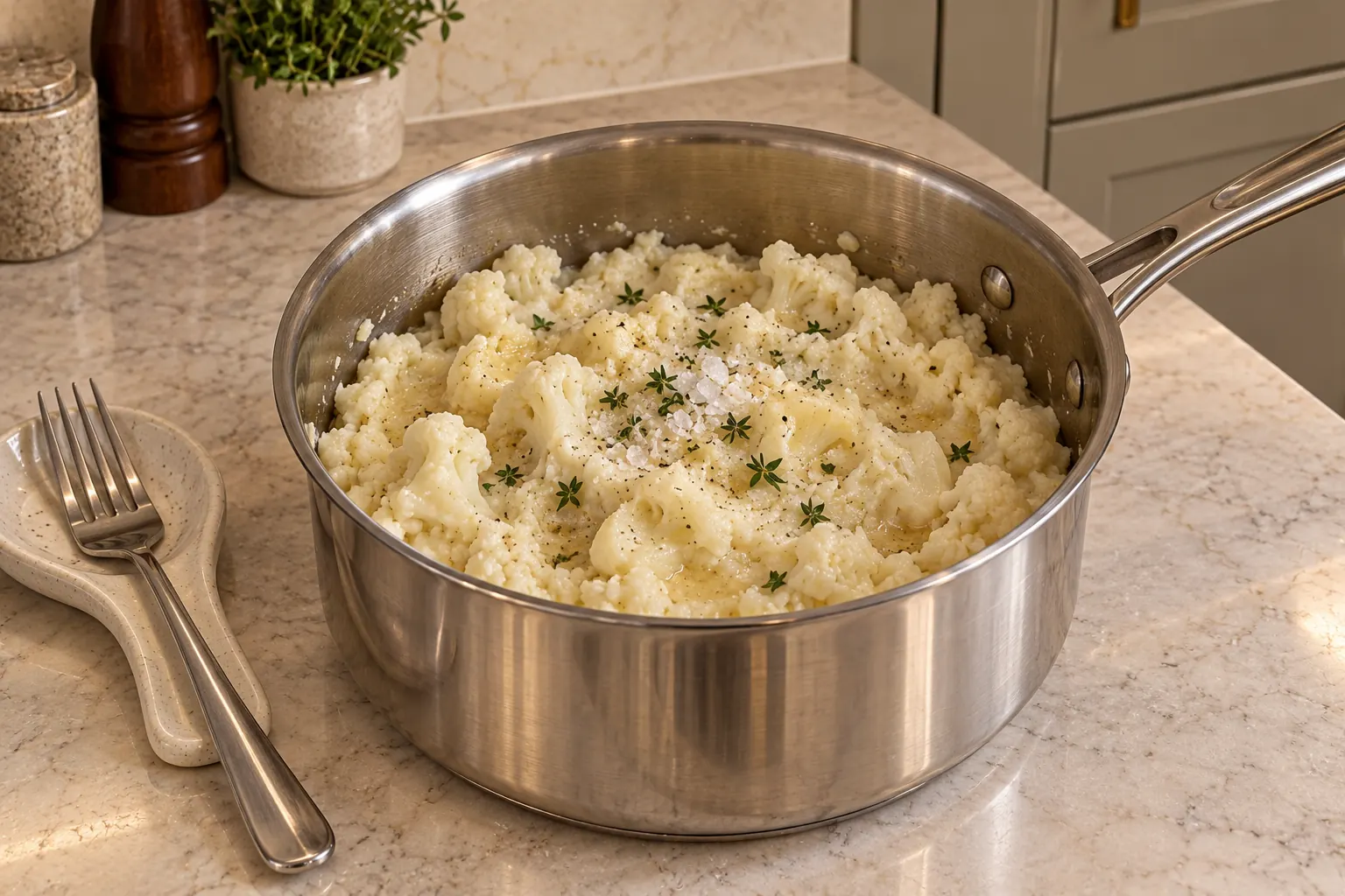 Creamy and chunky smashed cauliflower finished with chicken pan drippings