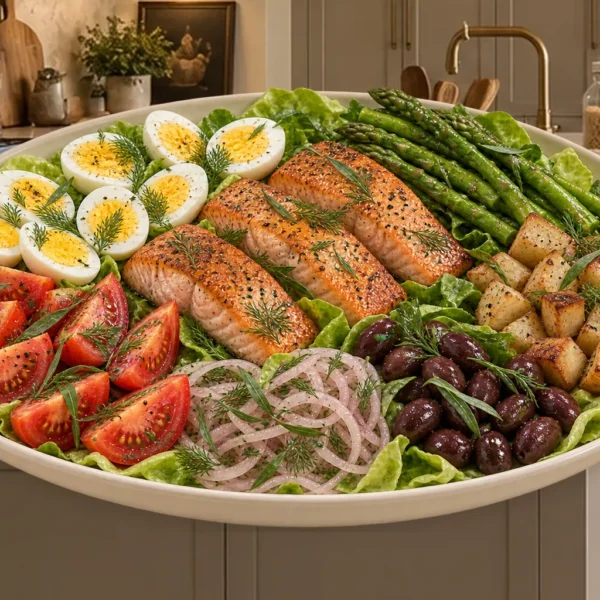 Salade Niçoise for Full GAPS with seared salmon, hard-boiled eggs, asparagus, roasted roots, onions, tomatoes, and olives