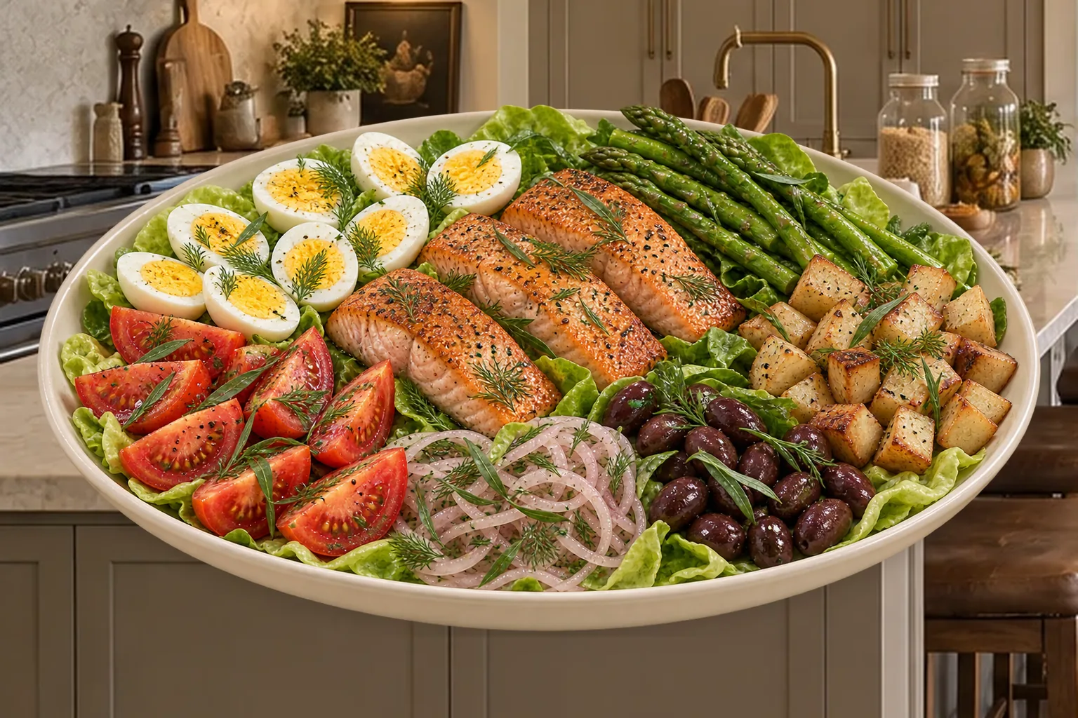 Salade Niçoise for Full GAPS with seared salmon, hard-boiled eggs, asparagus, roasted roots, onions, tomatoes, and olives