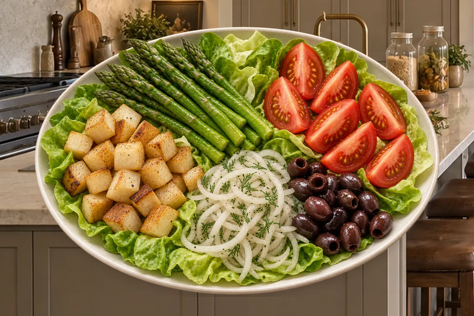 Butter lettuce with asparagus, roasted roots, dill-marinated onions, tomato wedges, and dark olives before salmon and eggs are added