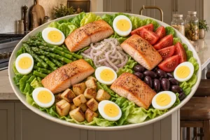 Seared salmon portions and eight hard-boiled egg halves arranged over the Salade Niçoise vegetables before vinaigrette