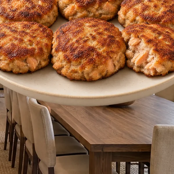 Six golden salmon patties with egg and rendered fat for Full GAPS on a cream plate in the WFLI Photo House