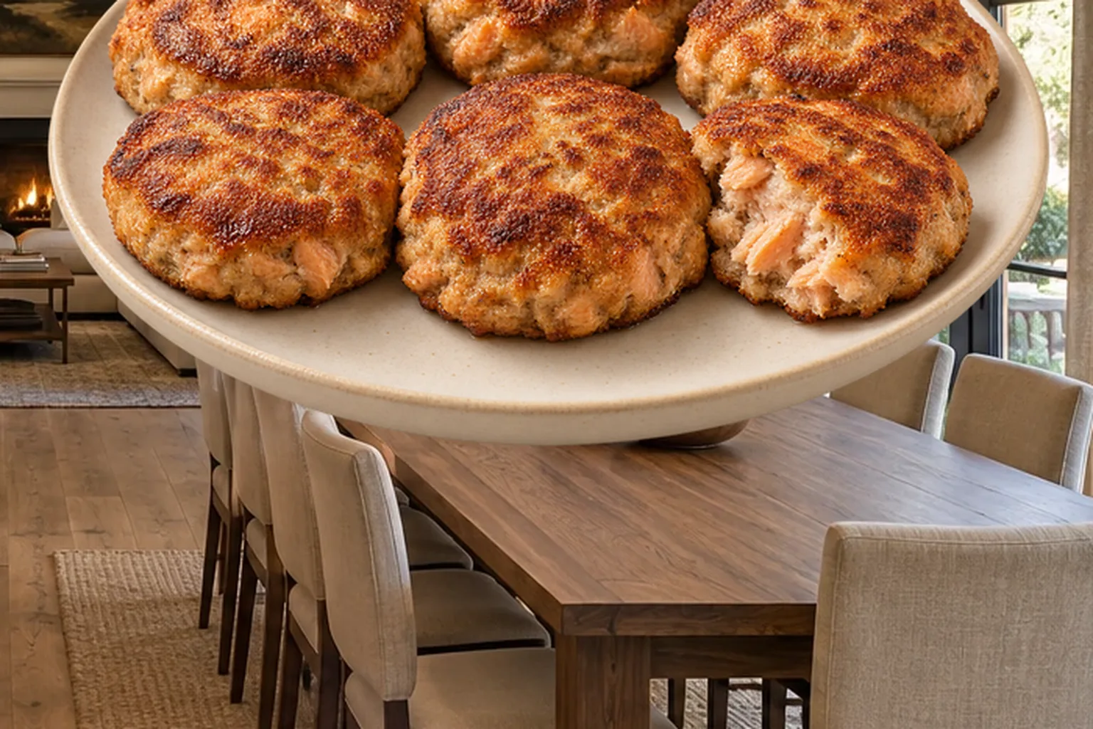 Six golden salmon patties with egg and rendered fat for Full GAPS on a cream plate in the WFLI Photo House