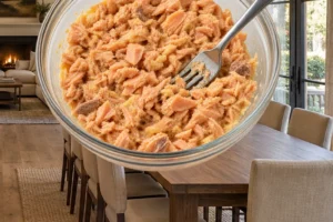 Canned wild salmon mixed with egg and mineral salt for Full GAPS salmon patties in a glass bowl