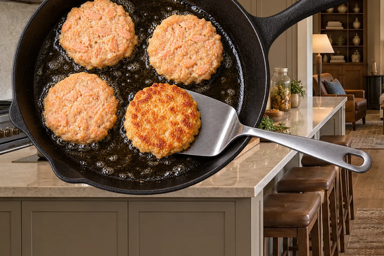 Plain salmon and egg patties frying in rendered fat with one golden first side turned up in a cast iron skillet