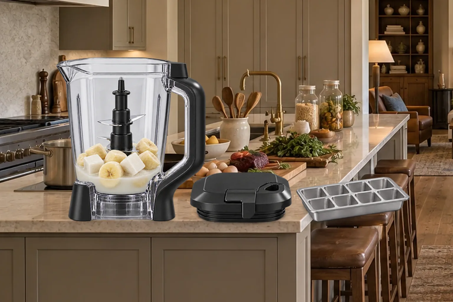 Frozen banana, homemade coconut milk cubes, lemon, raw honey, and mineral salt loaded in the Ninja BN801 pitcher