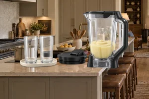 Thick salted lemonade smoothie blended smooth in the Ninja BN801 pitcher beside two serving glasses