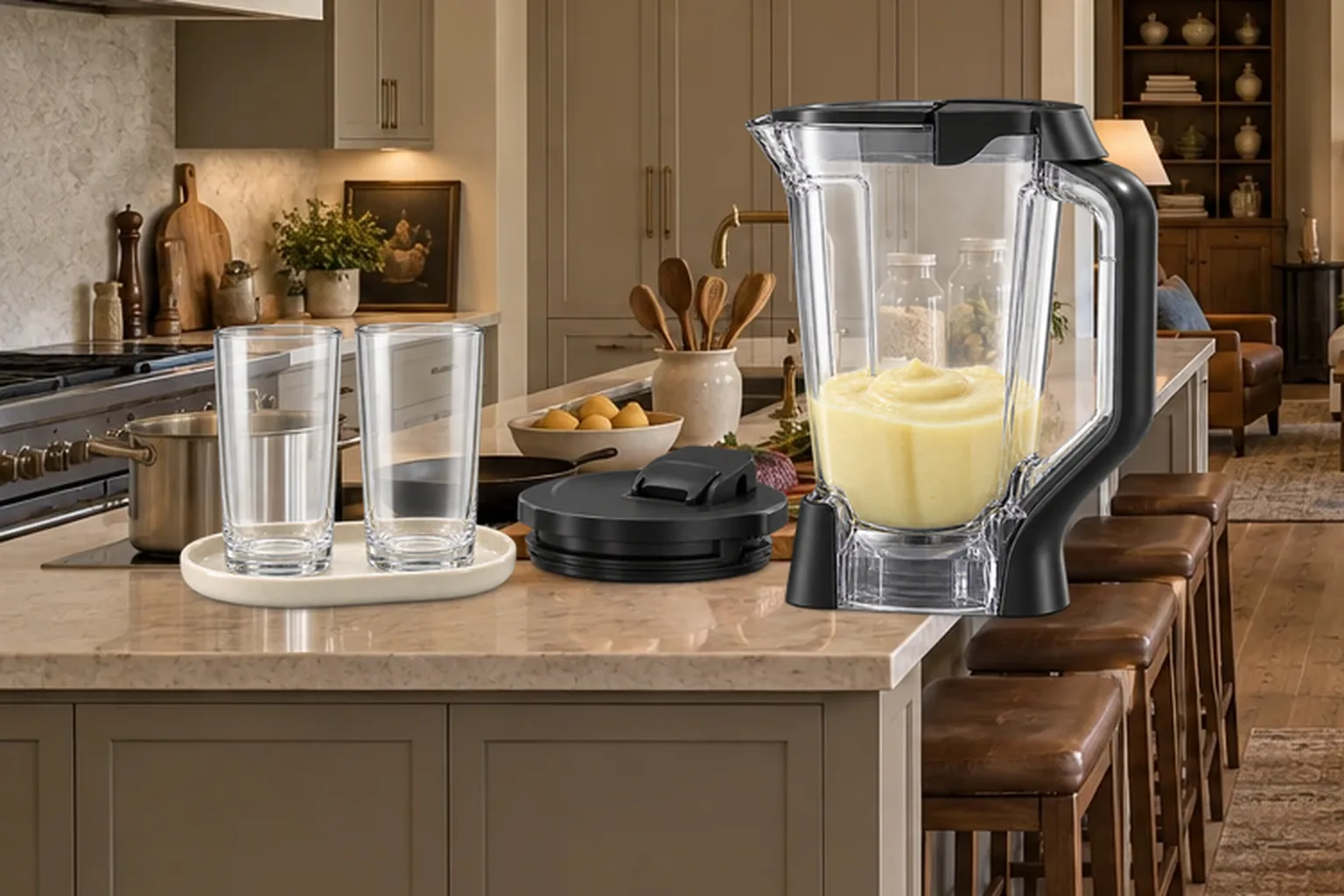 Thick salted lemonade smoothie blended smooth in the Ninja BN801 pitcher beside two serving glasses
