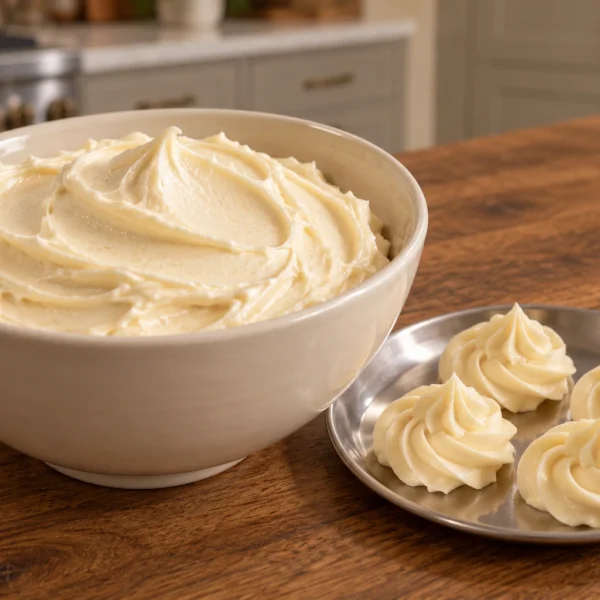 Satin honey buttercream frosting for Full GAPS in a bowl with piped rosettes