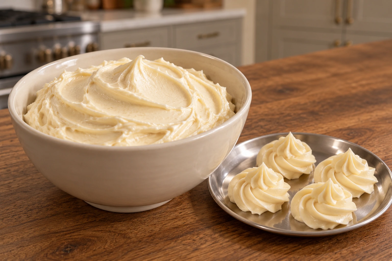 Satin honey buttercream frosting for Full GAPS in a bowl with piped rosettes